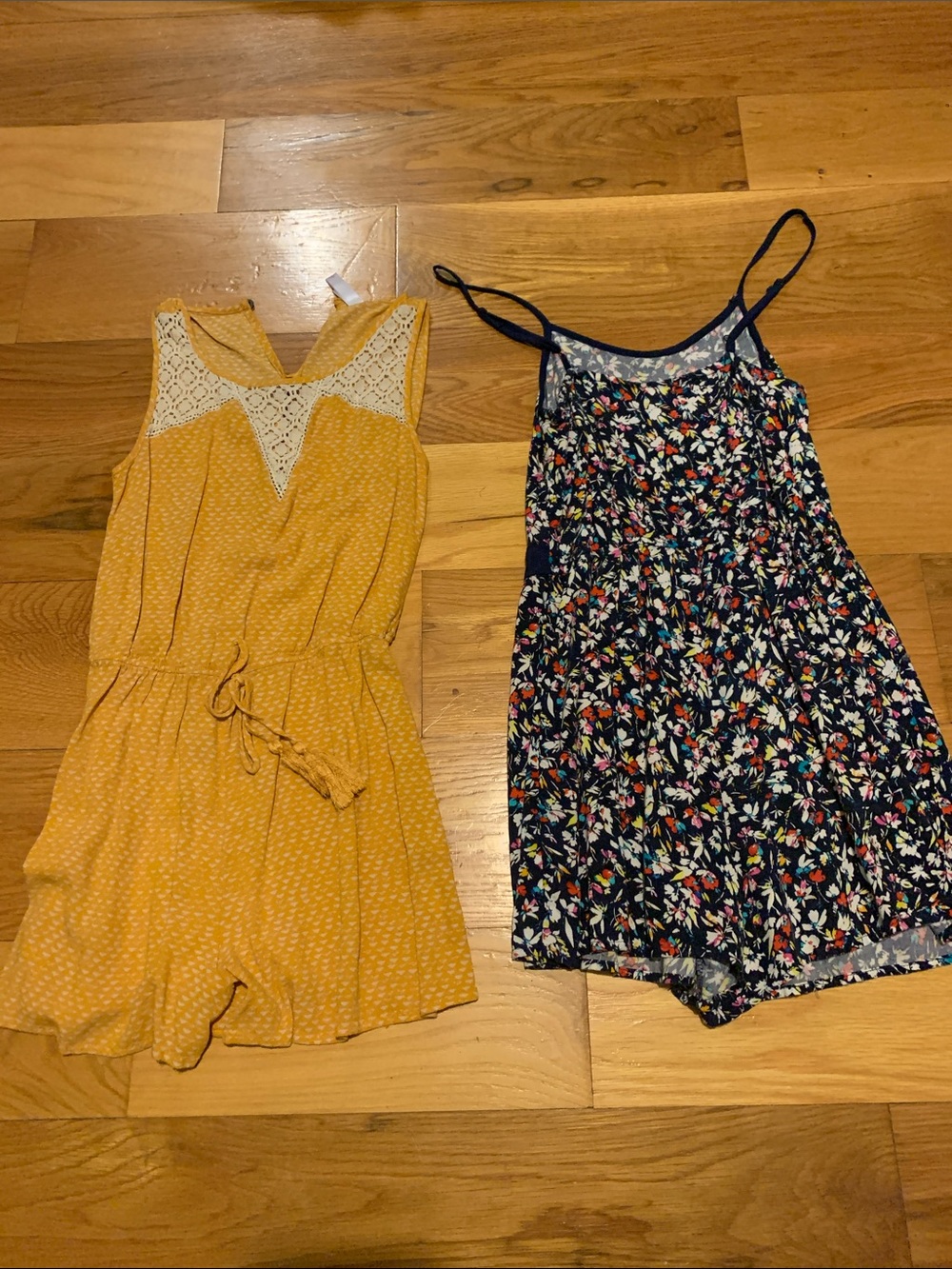 Xhilaration Mustard Yellow Lace-Trim Romper & Navy Floral Spaghetti-Strap Romper